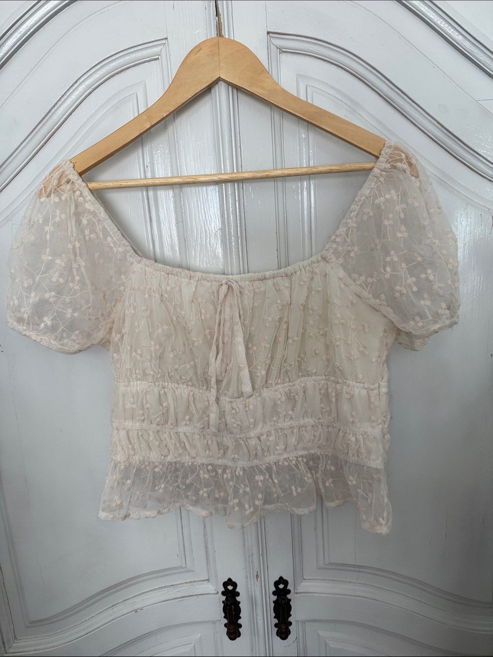 Japna Ivory Embroidered Mesh Peasant Crop Top Fairycore Coquette Flirty Size L